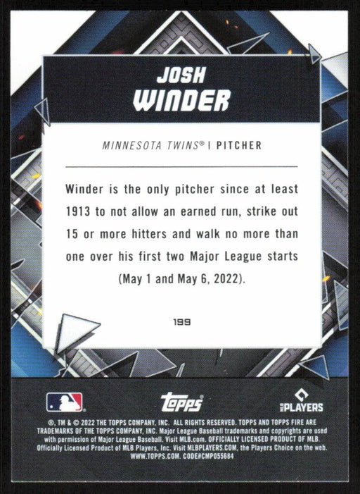 Josh Winder 2022 Topps Fire Baseball # 199 RC Minnesota Twins Base - Collectible Craze America