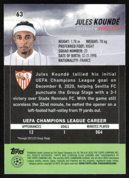 Jules Kounde 2021 Topps Stadium Club Chrome UEFA Champions League # 63 Sevilla FC Base - Collectible Craze America