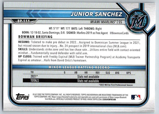 Junior Sanchez 2022 Bowman Prospects # BP-111 1st Bowman Miami Marlins - Collectible Craze America