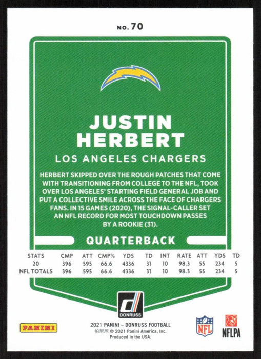 Justin Herbert 2021 Donruss Football # 70 Los Angeles Chargers Image Variation Base - Collectible Craze America