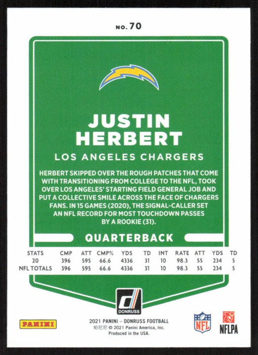 Justin Herbert 2021 Donruss Football # 70 Los Angeles Chargers Image Variation Base - Collectible Craze America