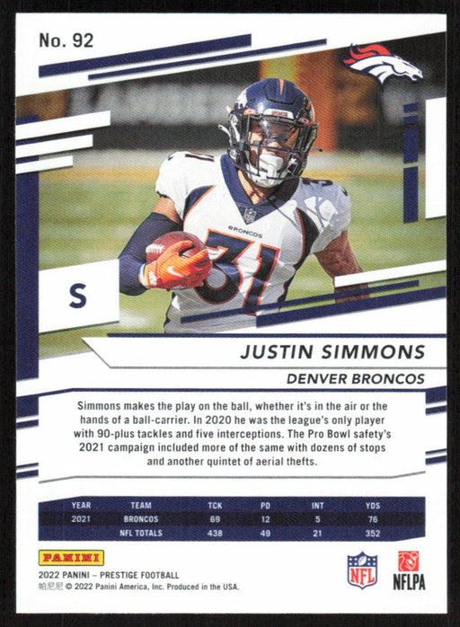 Justin Simmons 2022 Panini Prestige # 92 Denver Broncos - Collectible Craze America