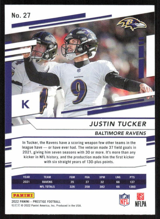 Justin Tucker 2022 Panini Prestige # 27 Baltimore Ravens - Collectible Craze America