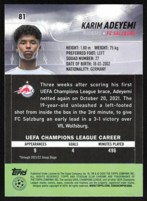 Karim Adeyemi 2021 Topps Stadium Club Chrome UEFA Champions League # 81 FC Salzburg Base - Collectible Craze America