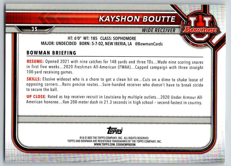 Kayshon Boutte 2021 Bowman University Football # 35 LSU Tigers 1st Bowman - Collectible Craze America