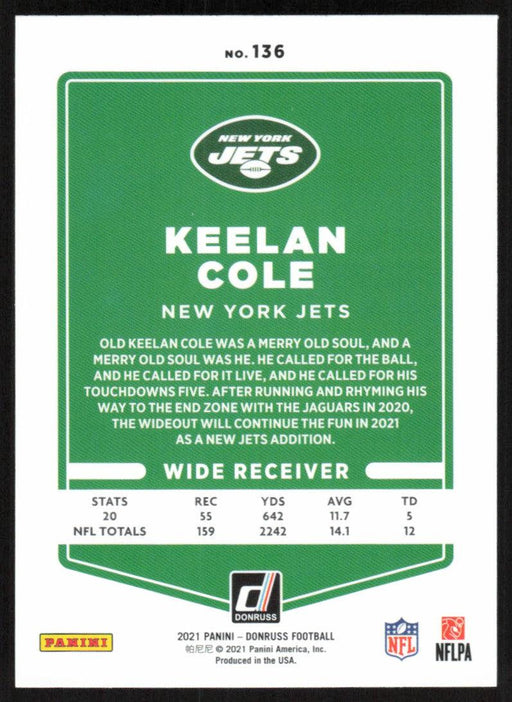 Keelan Cole 2021 Donruss Football # 136 New York Jets Base - Collectible Craze America