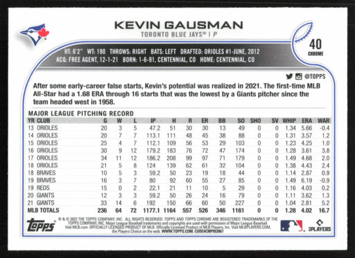 Kevin Gausman 2022 Topps Chrome # 40 Toronto Blue Jays - Base - Collectible Craze America