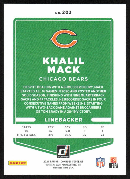 Khalil Mack 2021 Donruss Football # 203 Chicago Bears Base - Collectible Craze America