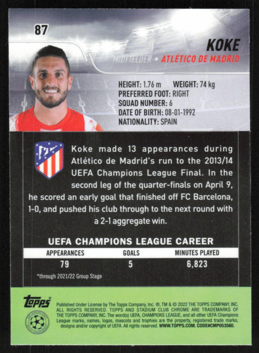 Koke 2021 Topps Stadium Club Chrome UEFA Champions League # 87 Atlético de Madrid Base - Collectible Craze America