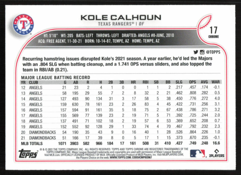 Kole Calhoun 2022 Topps Chrome # 17 Texas Rangers - Base - Collectible Craze America