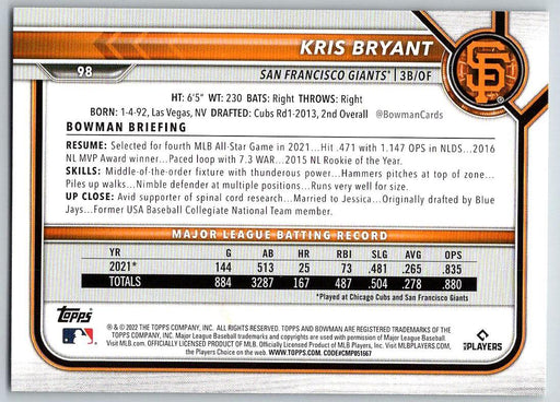 Kris Bryant 2022 Bowman # 98 San Francisco Giants - Collectible Craze America