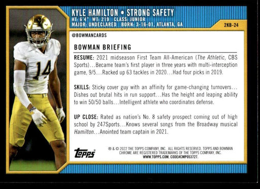 Kyle Hamilton 2021 Bowman University Football # 2KB-24 2000 Bowman Insert Notre Dame Fighting Irish - Collectible Craze America