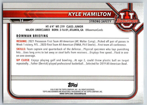 Kyle Hamilton 2021 Bowman University Football # 34 Notre Dame Fighting Irish 1st Bowman - Collectible Craze America