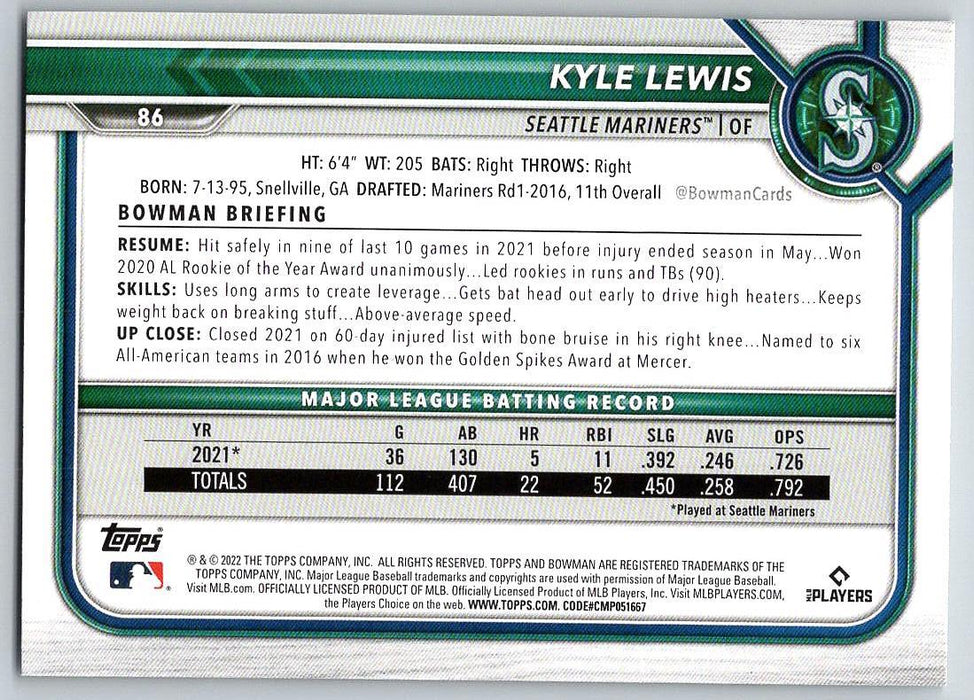 Kyle Lewis 2022 Bowman # 86 Seattle Mariners - Collectible Craze America