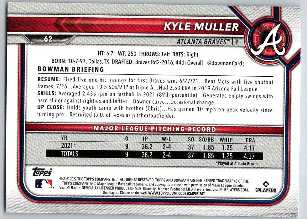 Kyle Muller 2022 Bowman # 62 RC Atlanta Braves - Collectible Craze America