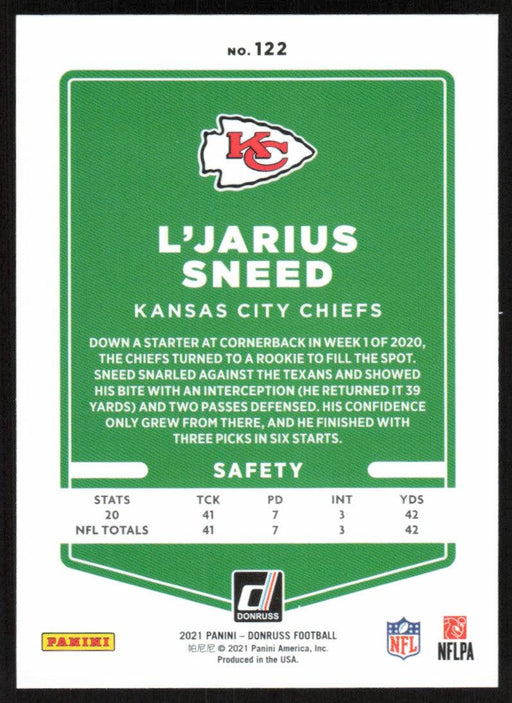 L'Jarius Sneed 2021 Donruss Football # 122 Kansas City Chiefs Base - Collectible Craze America