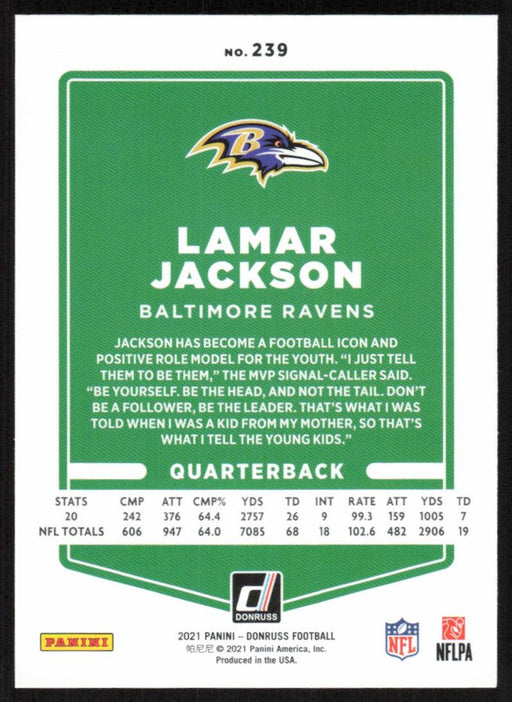 Lamar Jackson 2021 Donruss Football # 239 Baltimore Ravens Image Variation Base - Collectible Craze America