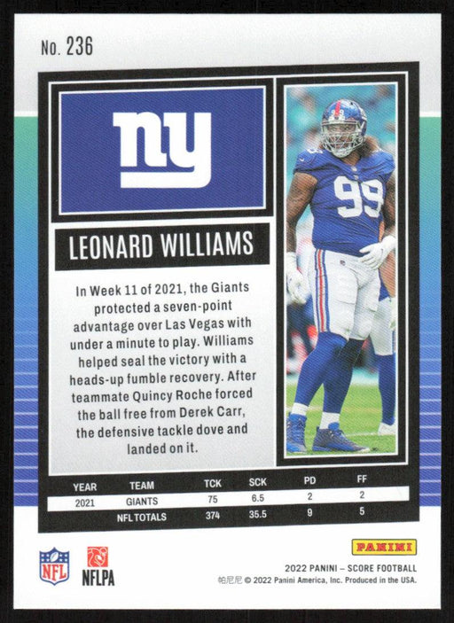 Leonard Williams 2022 Panini Score Football # 236 Base New York Giants - Collectible Craze America