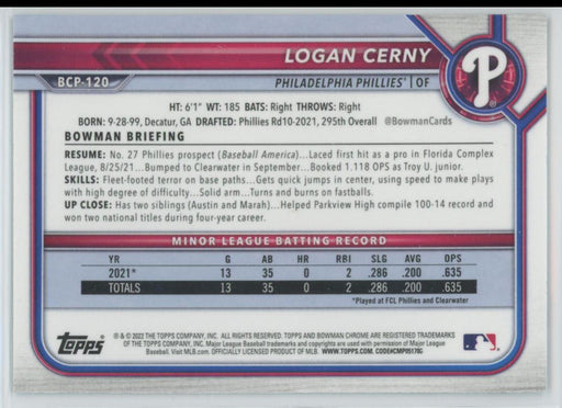 Logan Cerny 2022 Bowman Chrome Prospects # BCP-120 1st Bowman Philadelphia Phillies - Collectible Craze America