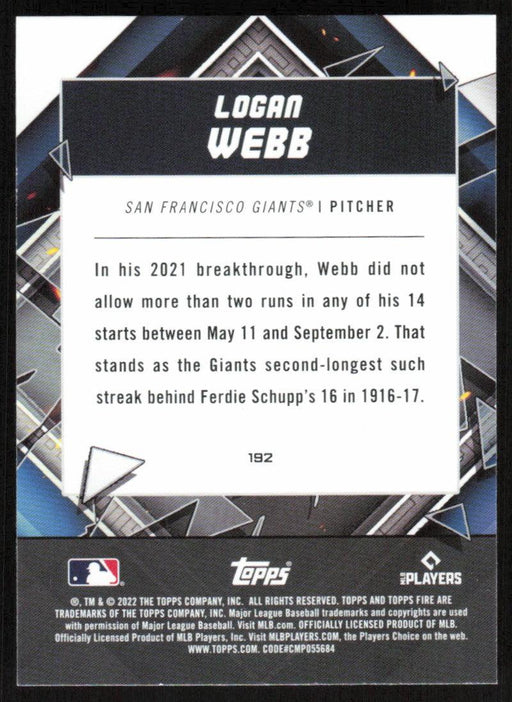 Logan Webb 2022 Topps Fire Baseball # 192 San Francisco Giants Base - Collectible Craze America