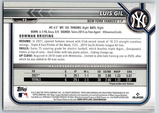 Luis Gil 2022 Bowman # 72 RC New York Yankees - Collectible Craze America