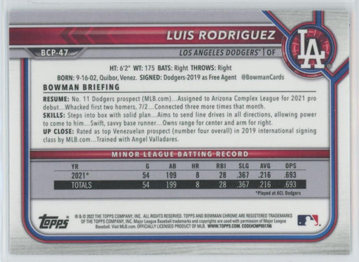 Luis Rodriguez 2022 Bowman Chrome Prospects # BCP-47 Los Angeles Dodgers - Collectible Craze America