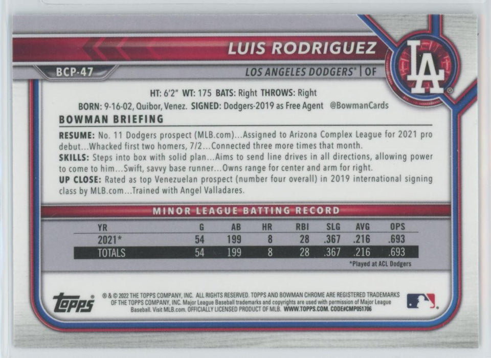 Luis Rodriguez 2022 Bowman Chrome Prospects # BCP-47 Los Angeles Dodgers - Collectible Craze America