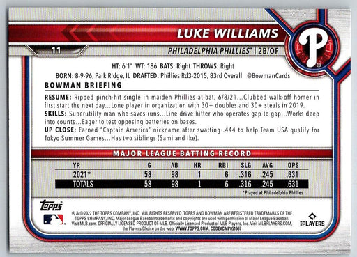 Luke Williams 2022 Bowman # 11 RC Philadelphia Phillies - Collectible Craze America