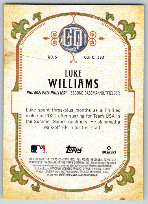 Luke Williams 2022 Topps Gypsy Queen # 5 RC Philadelphia Phillies - Collectible Craze America