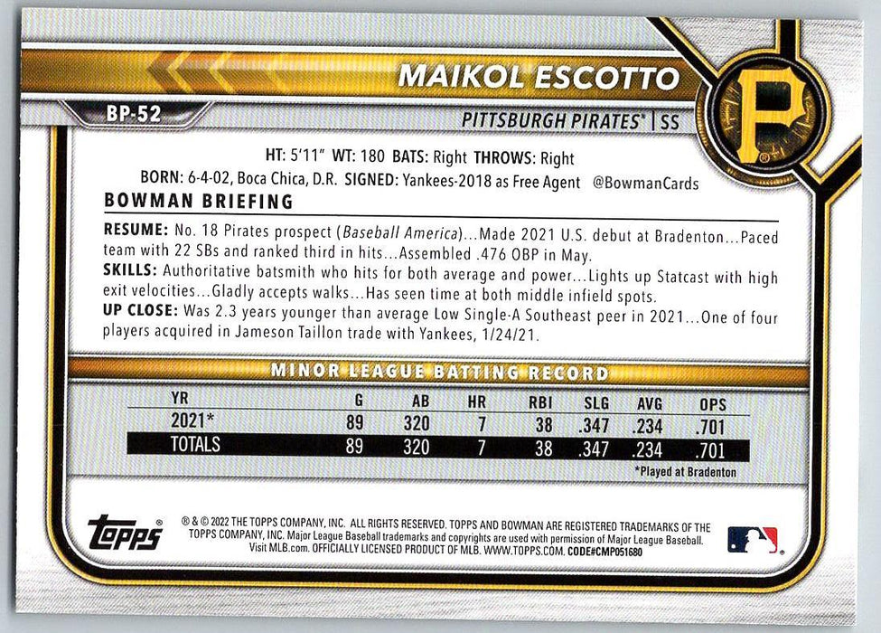 Maikol Escotto 2022 Bowman Prospects # BP-52 1st Bowman Pittsburgh Pirates - Collectible Craze America