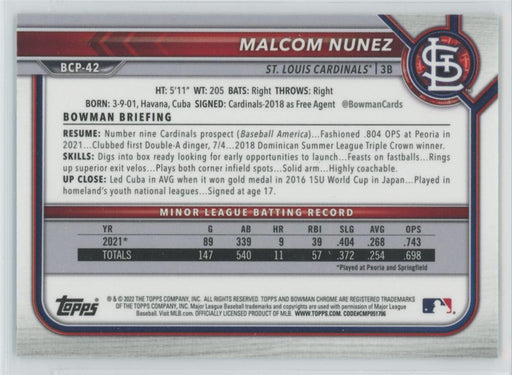 Malcom Nunez 2022 Bowman Chrome Prospects # BCP-42 St. Louis Cardinals - Collectible Craze America