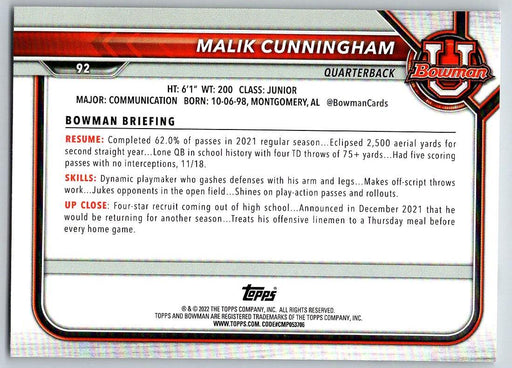 Malik Cunningham 2021 Bowman University Football # 92 Louisville Cardinals - Collectible Craze America