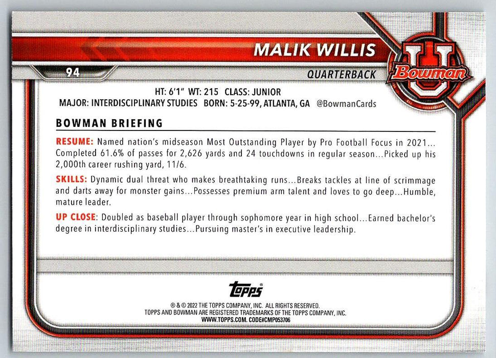 Malik Willis 2021 Bowman University Football # 94 Liberty Flames - Collectible Craze America