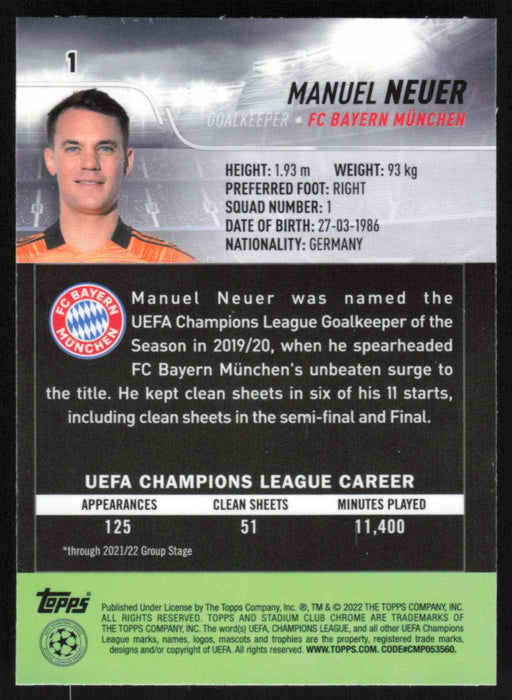 Manuel Neuer 2021 Topps Stadium Club Chrome UEFA Champions League # 1 FC Bayern München Base - Collectible Craze America