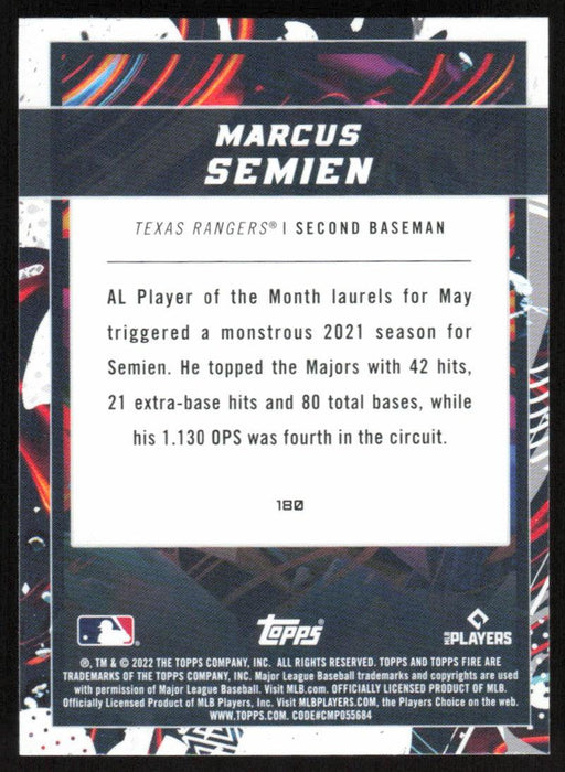 Marcus Semien 2022 Topps Fire Baseball # 180 Texas Rangers Base - Collectible Craze America