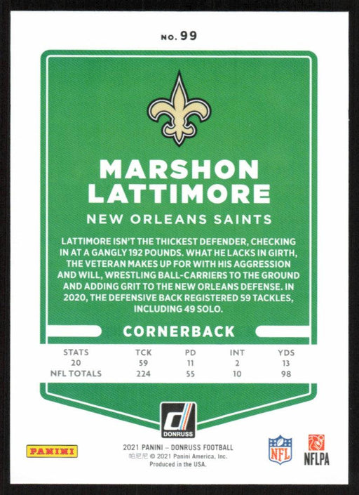 Marshon Lattimore 2021 Donruss Football # 99 New Orleans Saints Base - Collectible Craze America