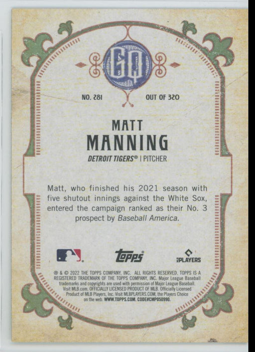 Matt Manning 2022 Topps Gypsy Queen # 281 RC Detroit Tigers - Collectible Craze America