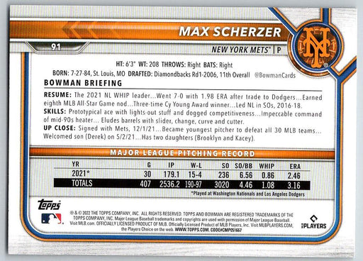 Max Scherzer 2022 Bowman # 91 New York Mets - Collectible Craze America