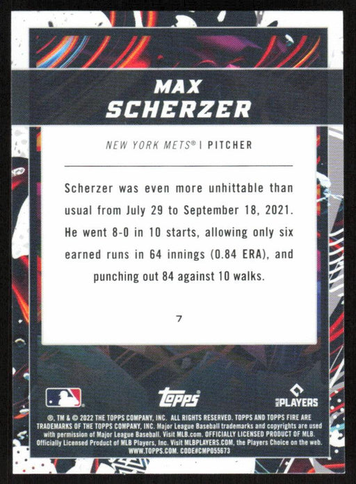 Max Scherzer 2022 Topps Fire Baseball # 7 New York Mets Base - Collectible Craze America