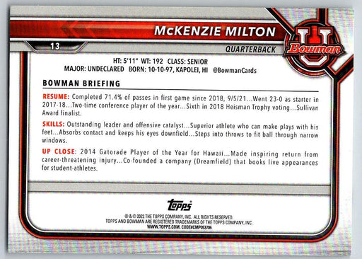 McKenzie Milton 2021 Bowman University Football # 13 Florida State Seminoles 1st Bowman - Collectible Craze America