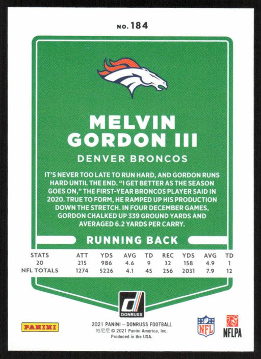 Melvin Gordon III 2021 Donruss Football # 184 Denver Broncos Base - Collectible Craze America