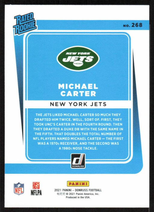Michael Carter 2021 Donruss Football # 268 RC New York Jets Rated Rookie Base - Collectible Craze America