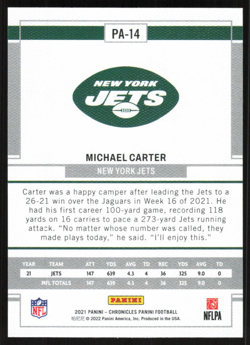 Michael Carter 2021 Panini Chronicles Panini # PA-14 RC New York Jets - Collectible Craze America