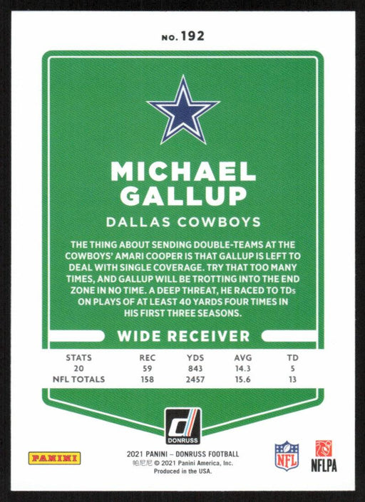 Michael Gallup 2021 Donruss Football # 192 Dallas Cowboys Base - Collectible Craze America