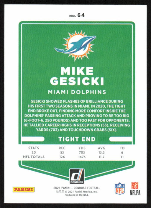 Mike Gesicki 2021 Donruss Football # 64 Miami Dolphins Base - Collectible Craze America