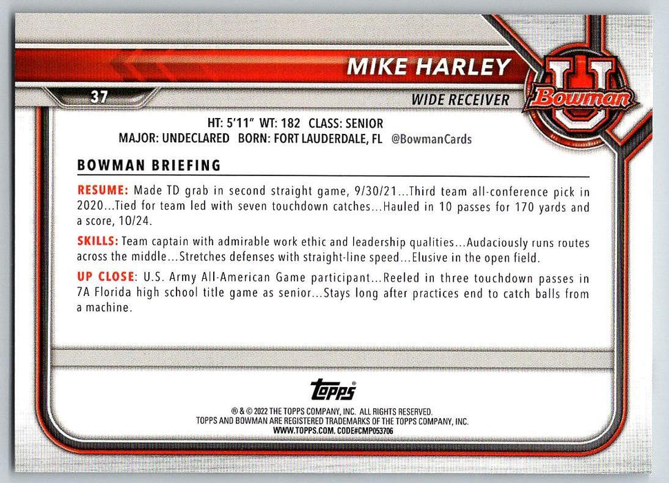 Mike Harley 2021 Bowman University Football # 37 Miami Ohio RedHawks 1st Bowman - Collectible Craze America