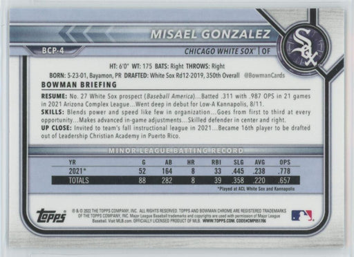 Misael Gonzalez 2022 Bowman Chrome Prospects # BCP-4 1st Bowman Chicago White Sox - Collectible Craze America