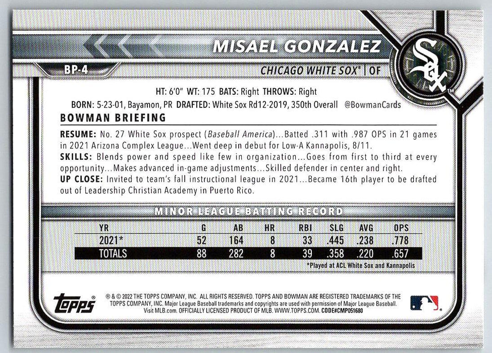 Misael Gonzalez 2022 Bowman Prospects # BP-4 1st Bowman Chicago White Sox - Collectible Craze America