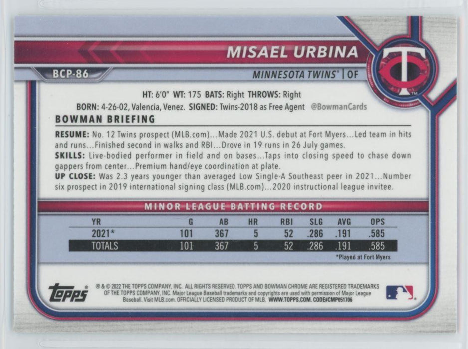 Misael Urbina 2022 Bowman Chrome Prospects # BCP-86 Minnesota Twins - Collectible Craze America