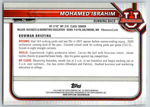 Mohamed Ibrahim 2021 Bowman University Football # 36 Minnesota Golden Gophers 1st Bowman - Collectible Craze America